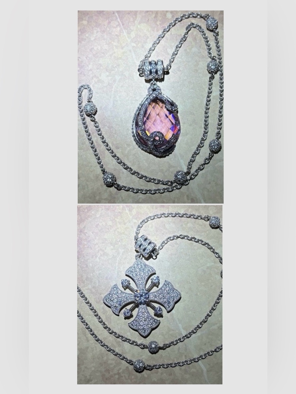 Sterling Silver Pink Teardrop & Pave Cross Pendant Set 3 pcs